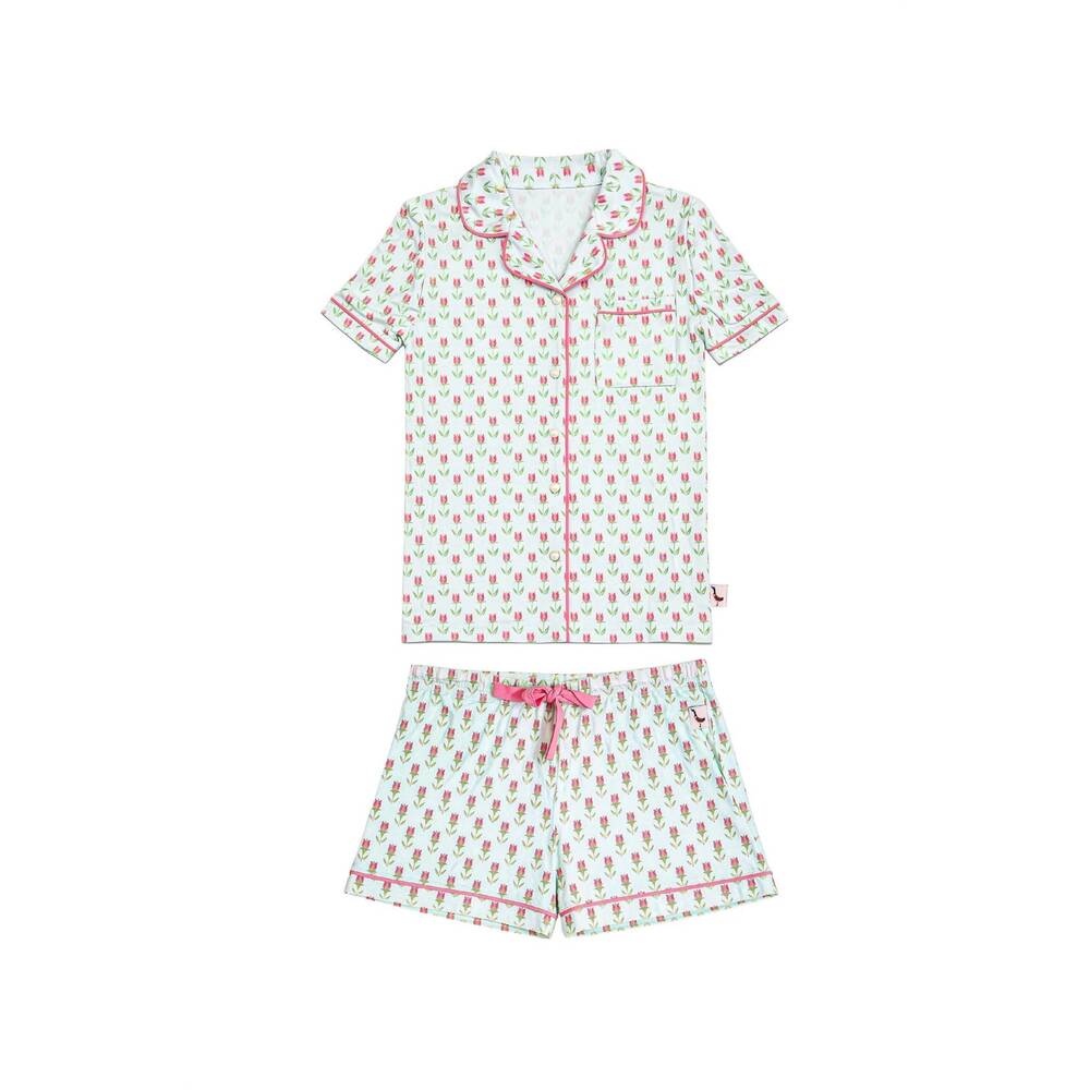 NEW PREPPY GOOSE girl's tulip print jersey short sleeve pj set in white multi